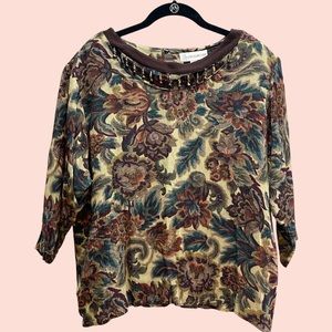 Vintage 1990s Ilyse Hart LTD Tapestry Blouse with Beaded Neckline